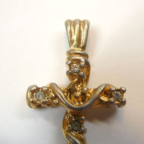 Textured Cross Pendant Ornate Crucifix Charm w/ Clear Stones Vintage - Picture 2 of 10